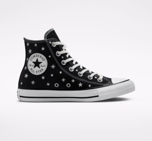 Dámské Vysoké Converse Chuck Taylor All Star Embroidered Stars Černé Bílé | 62LMKWFHO