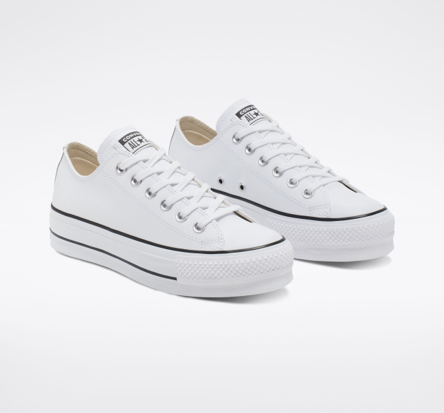 Dámské Nízké Converse Chuck Taylor All Star Lift Læder Platformy Bílé Černé Bílé | 83UTMVHFA