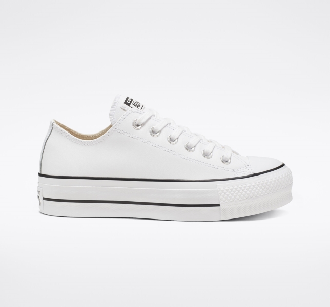 Dámské Nízké Converse Chuck Taylor All Star Lift Læder Platformy Bílé Černé Bílé | 83UTMVHFA