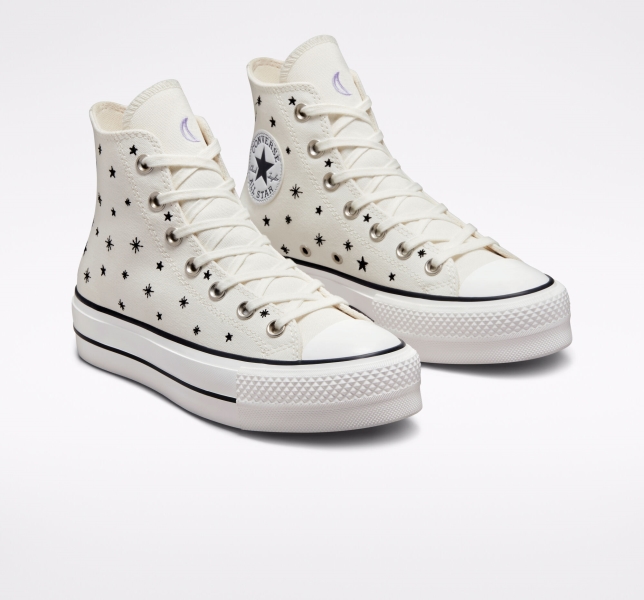 Dámské Vysoké Converse Chuck Taylor All Star Lift Embroidered Stars Černé Fialové | 76OXETDAW