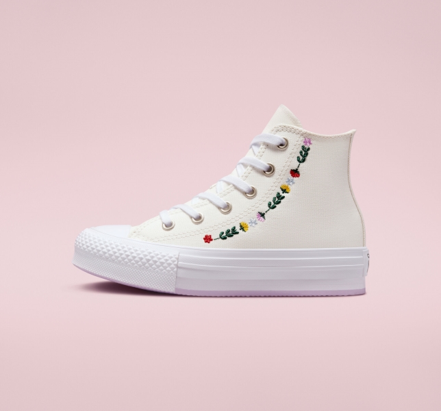 Dětské Boty Na Platformy Converse Chuck Taylor All Star Lift Floral Embroidery Bílé Bílé | 18RXNVQJA