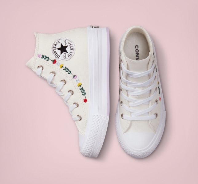 Dětské Boty Na Platformy Converse Chuck Taylor All Star Lift Floral Embroidery Bílé Bílé | 18RXNVQJA