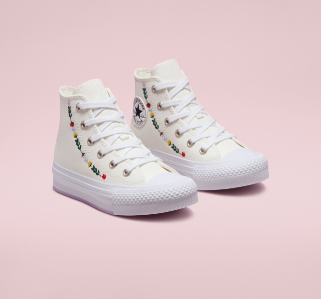 Dětské Boty Na Platformy Converse Chuck Taylor All Star Lift Floral Embroidery Bílé Bílé | 18RXNVQJA