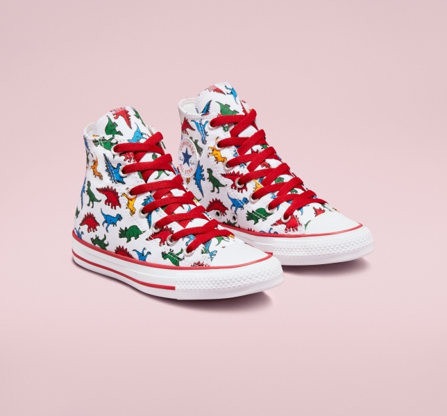 Dětské Plátěné Boty Converse Chuck Taylor All Star Dinosaurs Bílé Červené Blankyt | 27VJTHKUS